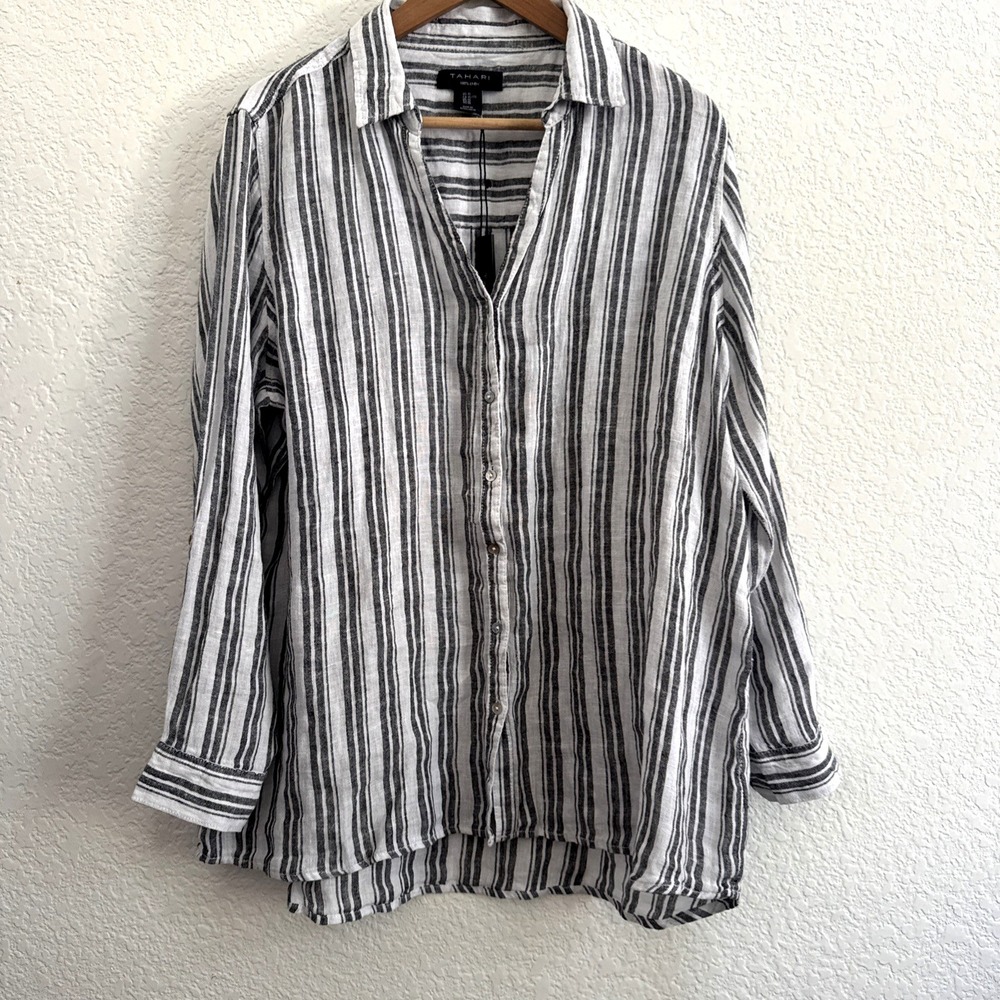 Tahari 100% Linen Gray & White Striped Button-Front Shirt Dress | Size XL | NWT